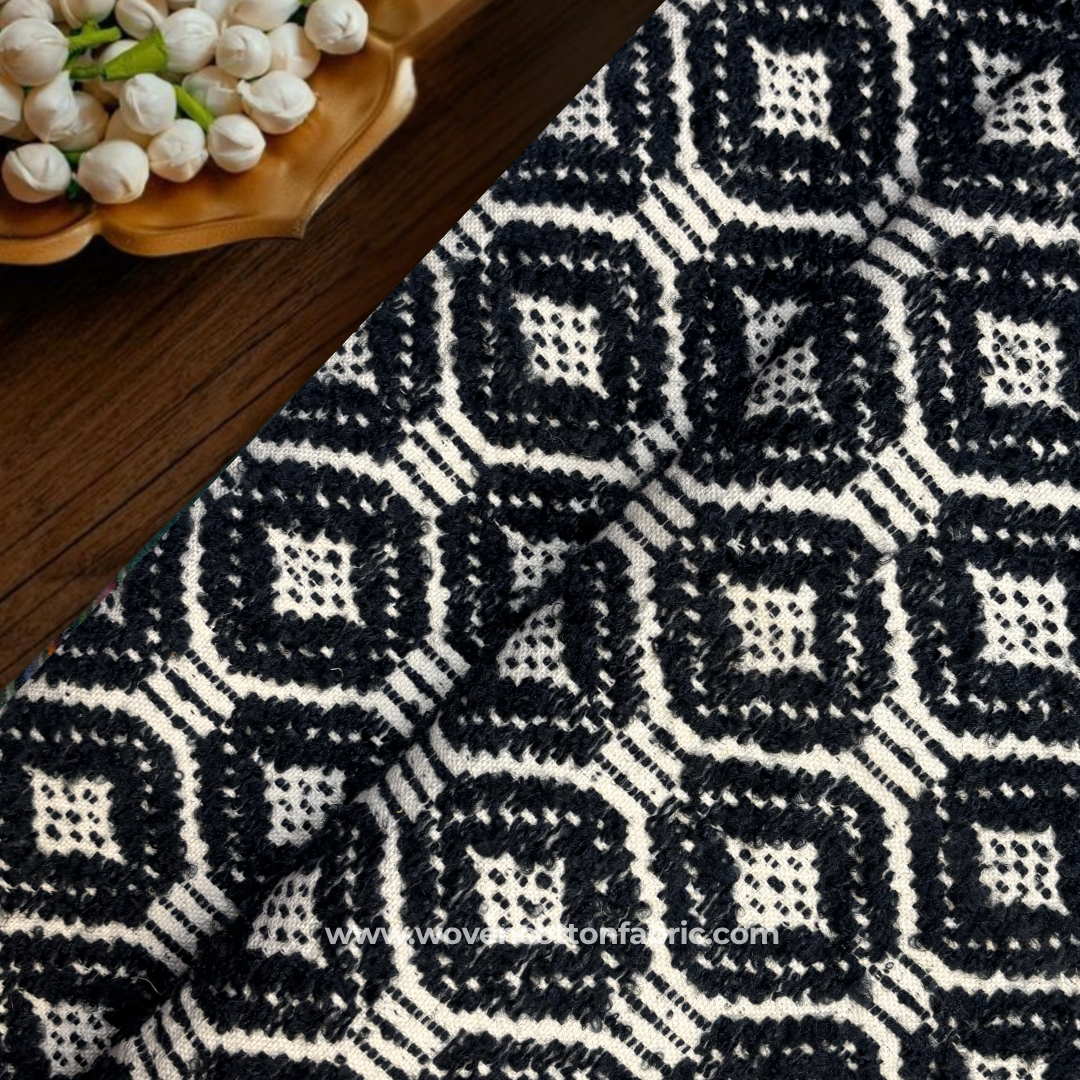 Monochrome Charcoal Black Textured Geometric Diamond Ikat Handloom Cotton Fabric, Per Meter