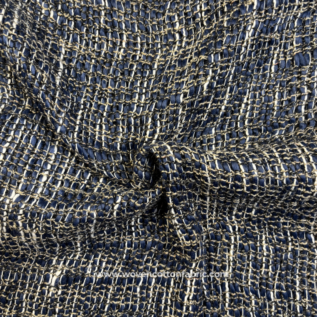 Rich Indigo and Antique Gold Flecked Tweed Cotton Handloom Fabric, Per Meter