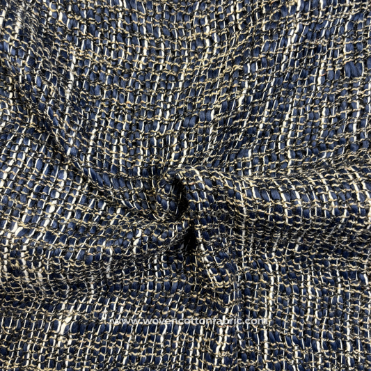 Rich Indigo and Antique Gold Flecked Tweed Cotton Handloom Fabric, Per Meter