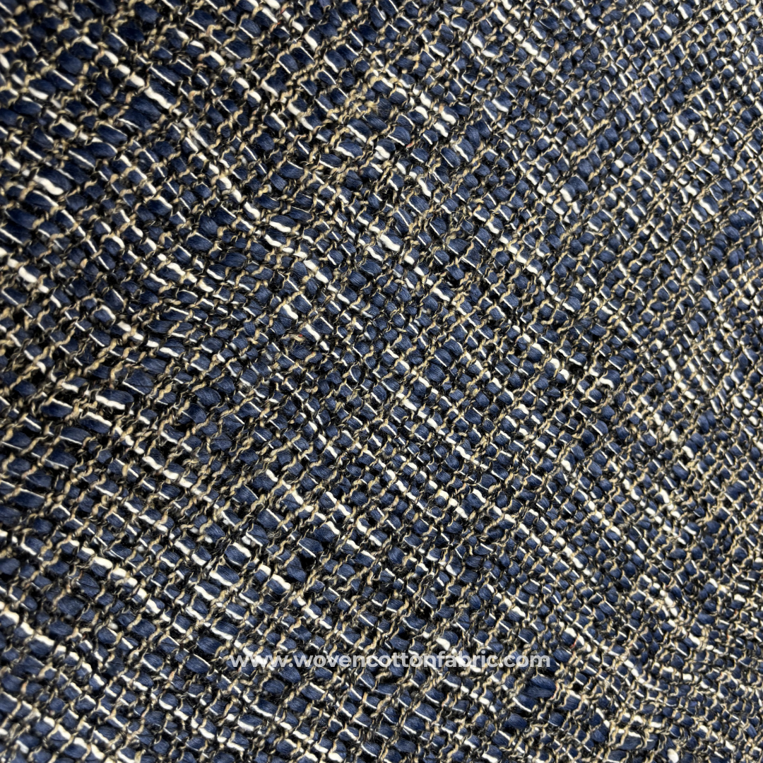 Rich Indigo and Antique Gold Flecked Tweed Cotton Handloom Fabric, Per Meter