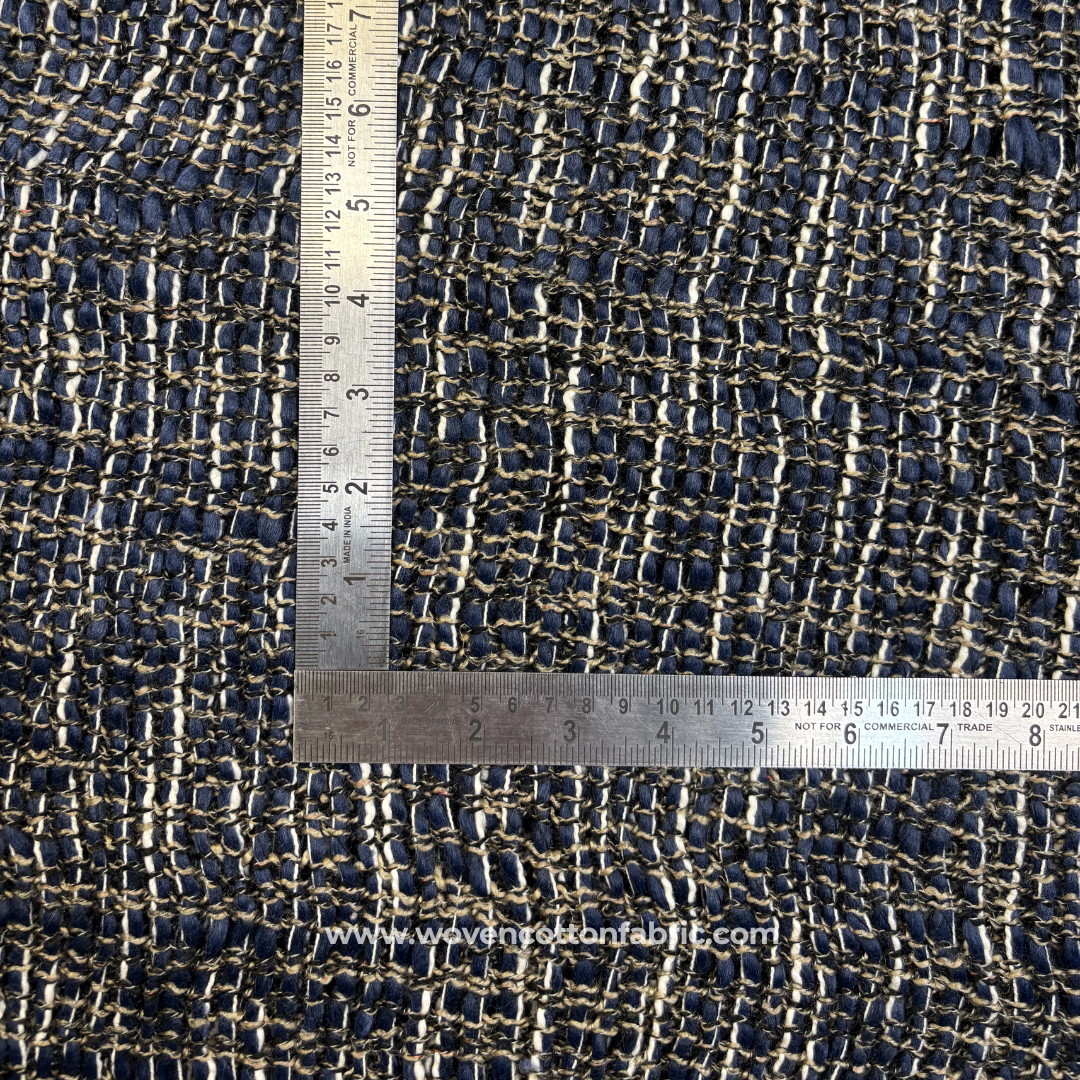 Rich Indigo and Antique Gold Flecked Tweed Cotton Handloom Fabric, Per Meter