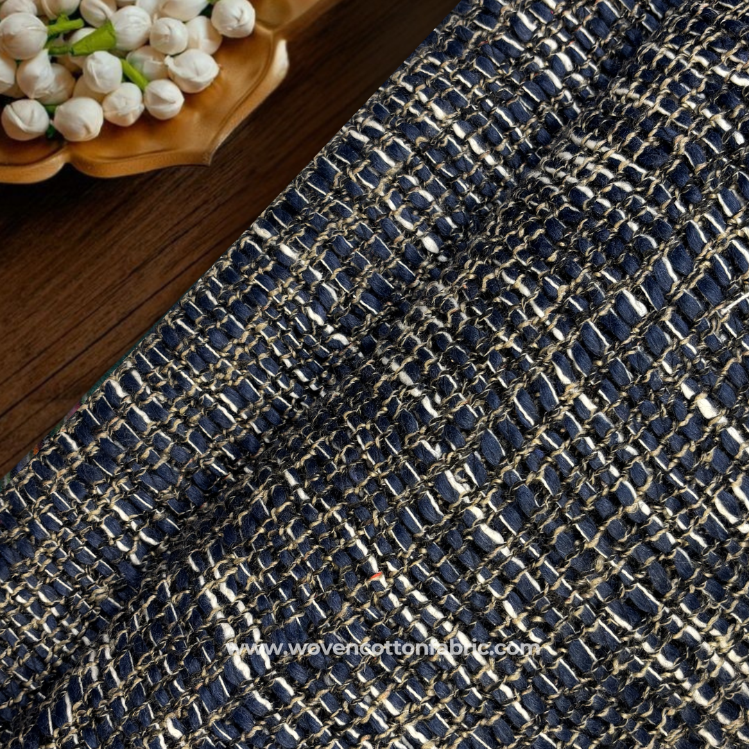 Rich Indigo and Antique Gold Flecked Tweed Cotton Handloom Fabric, Per Meter