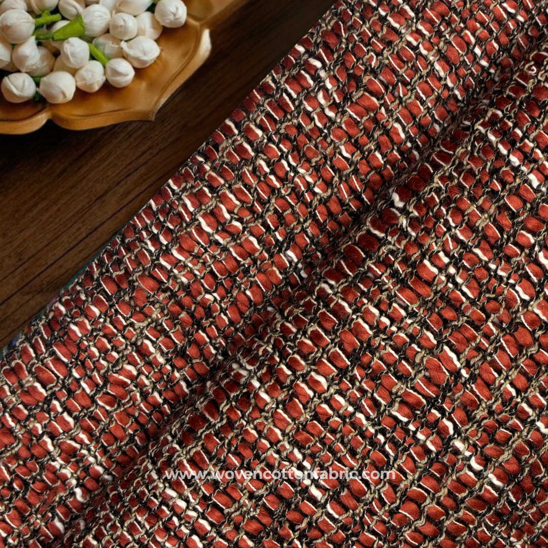 Rustic Rust Orange and Charcoal Flecked Tweed Cotton Handloom Fabric, Per Meter