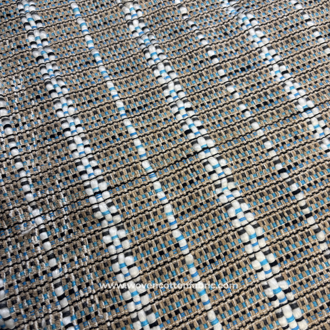 Turquoise Blue and Beige Textured Slub Stripe Cotton Handloom Fabric, Per Meter