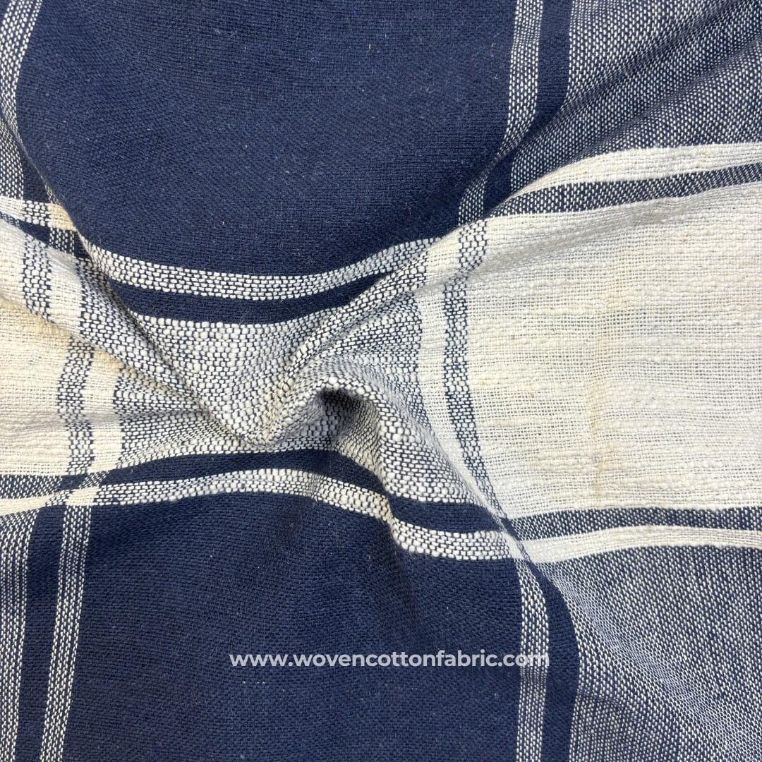Indigo Blue and Natural Off-White Structural Windowpane Plaid Check Cotton Handloom Fabric, Per Meter