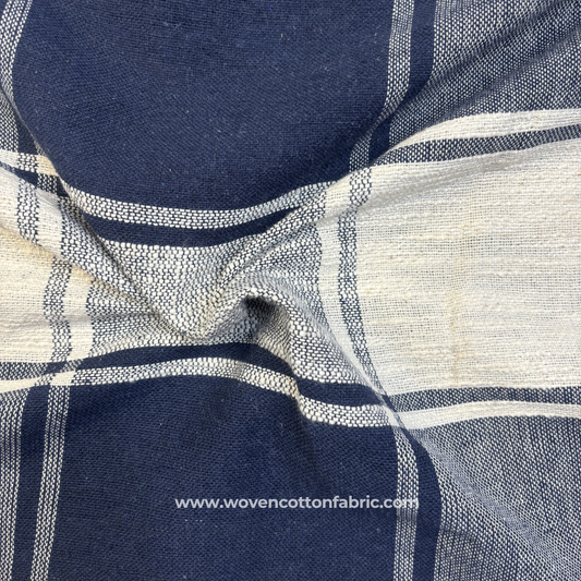 Indigo Blue and Natural Off-White Structural Windowpane Plaid Check Cotton Handloom Fabric, Per Meter