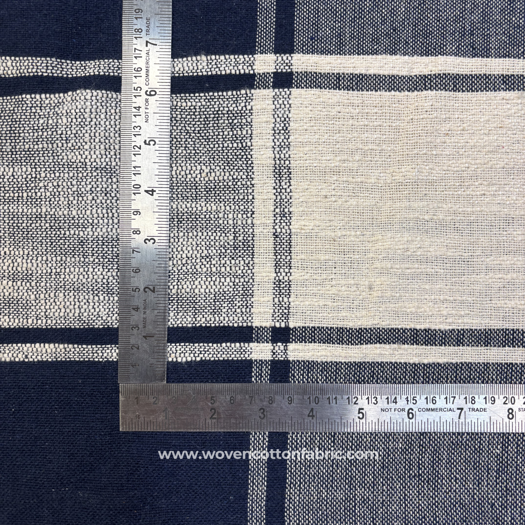 Indigo Blue and Natural Off-White Structural Windowpane Plaid Check Cotton Handloom Fabric, Per Meter