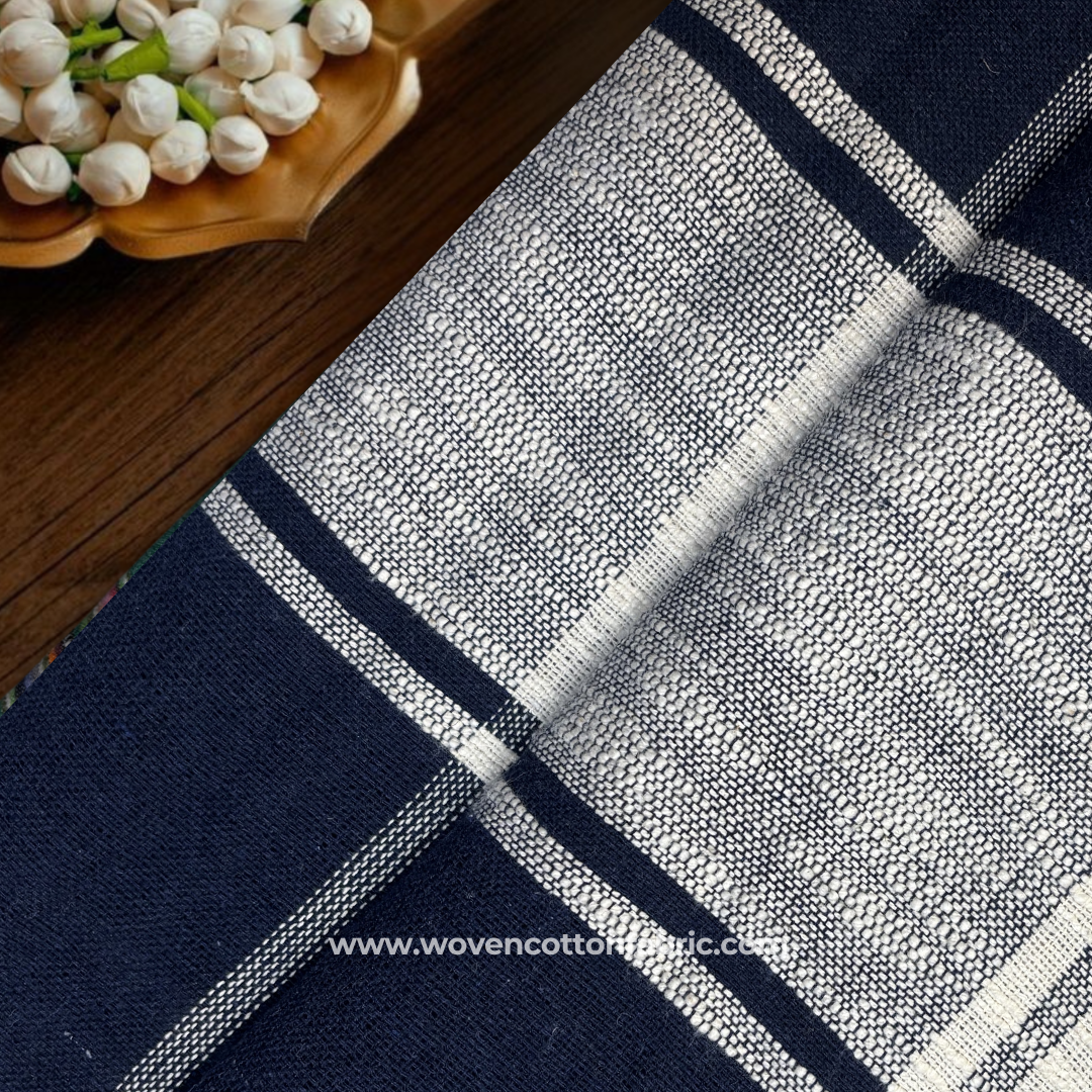 Indigo Blue and Natural Off-White Structural Windowpane Plaid Check Cotton Handloom Fabric, Per Meter