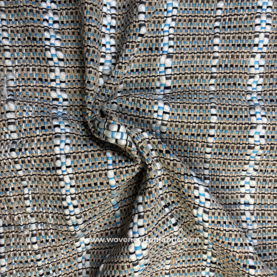 Turquoise Blue and Beige Textured Slub Stripe Cotton Handloom Fabric, Per Meter