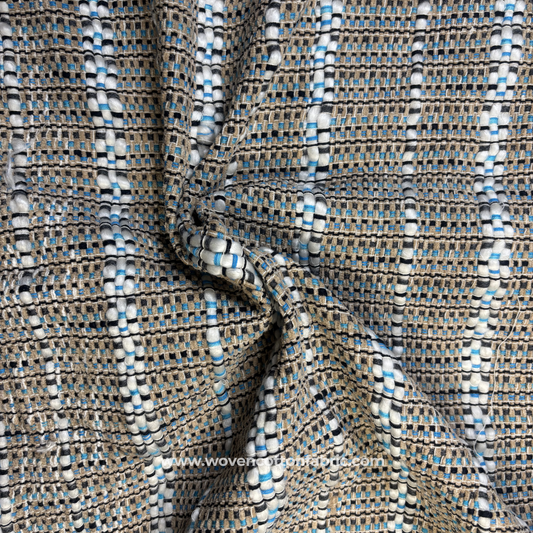 Turquoise Blue and Beige Textured Slub Stripe Cotton Handloom Fabric, Per Meter