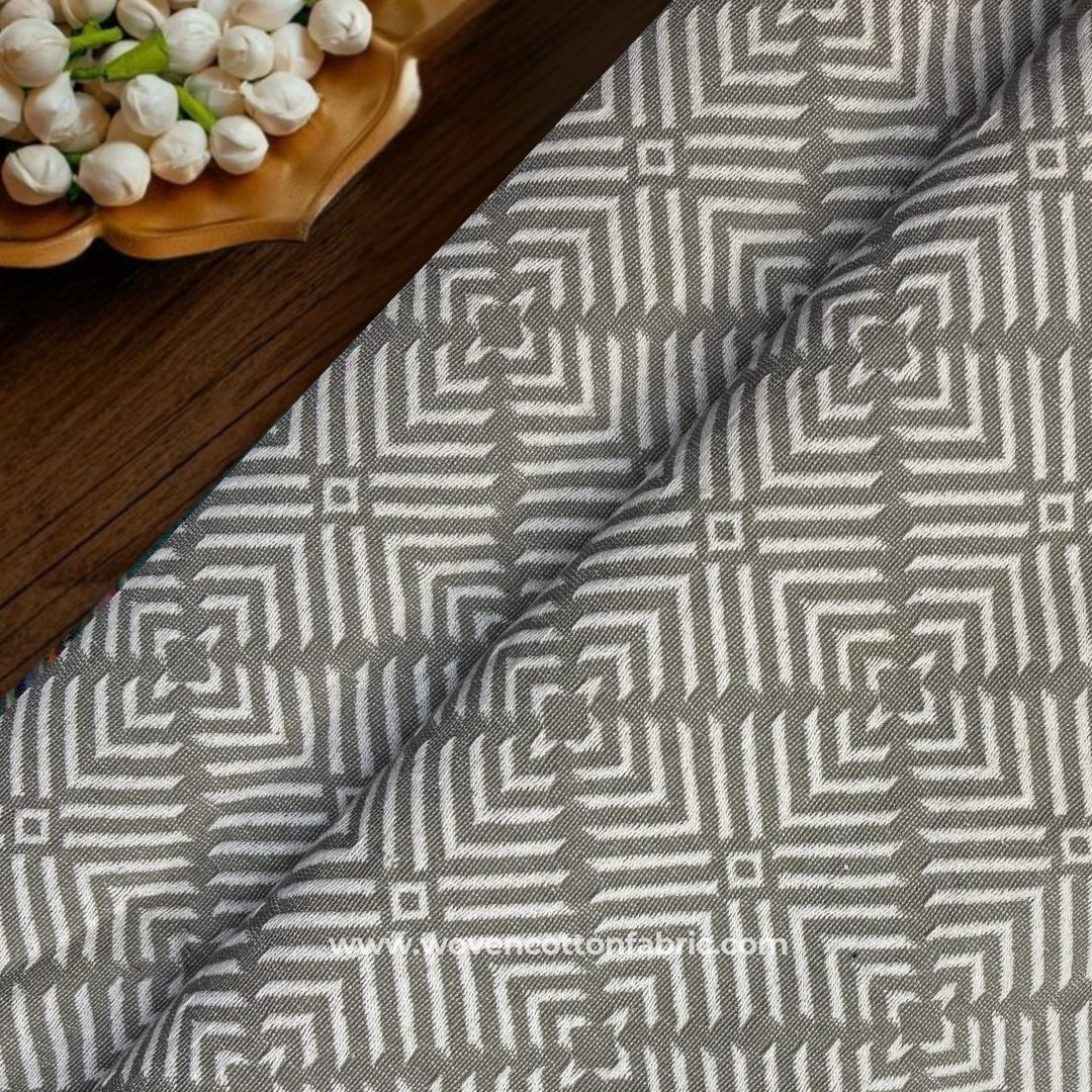 Soft Taupe Grey and White Architectural Geometric Maze Phulkari Jacquard Cotton Handloom Fabric, Per Meter