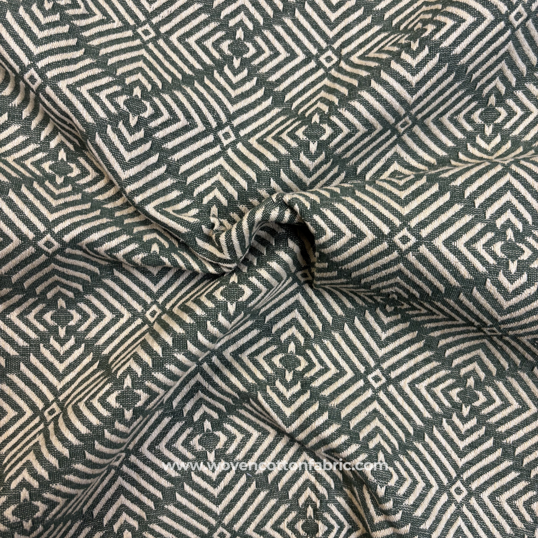 Earthy Olive Moss Green and White Architectural Geometric Phulkari Jacquard Cotton Handloom Fabric, Per Meter