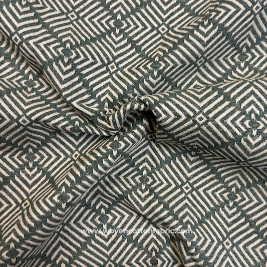 Earthy Olive Moss Green and White Architectural Geometric Phulkari Jacquard Cotton Handloom Fabric, Per Meter
