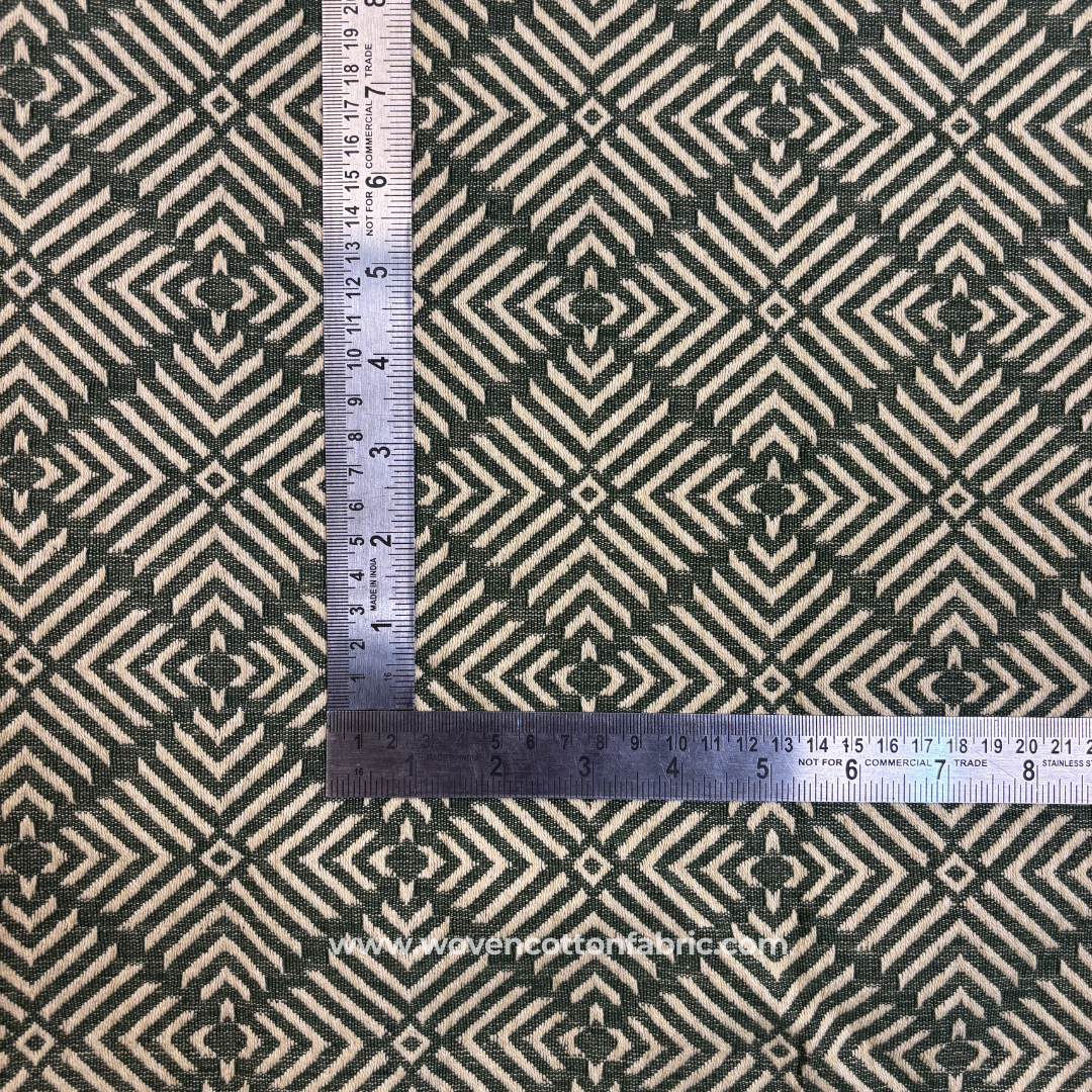 Earthy Olive Moss Green and White Architectural Geometric Phulkari Jacquard Cotton Handloom Fabric, Per Meter
