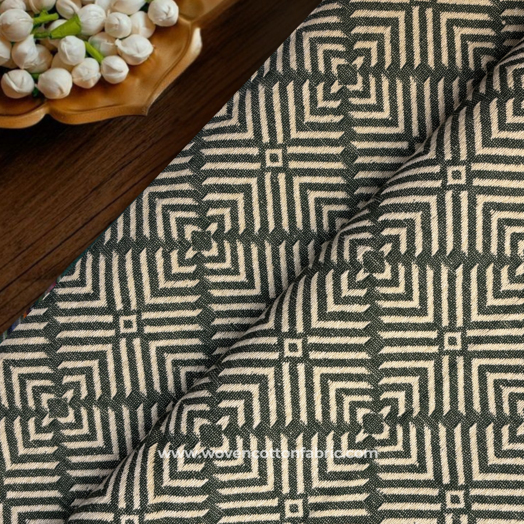 Earthy Olive Moss Green and White Architectural Geometric Phulkari Jacquard Cotton Handloom Fabric, Per Meter