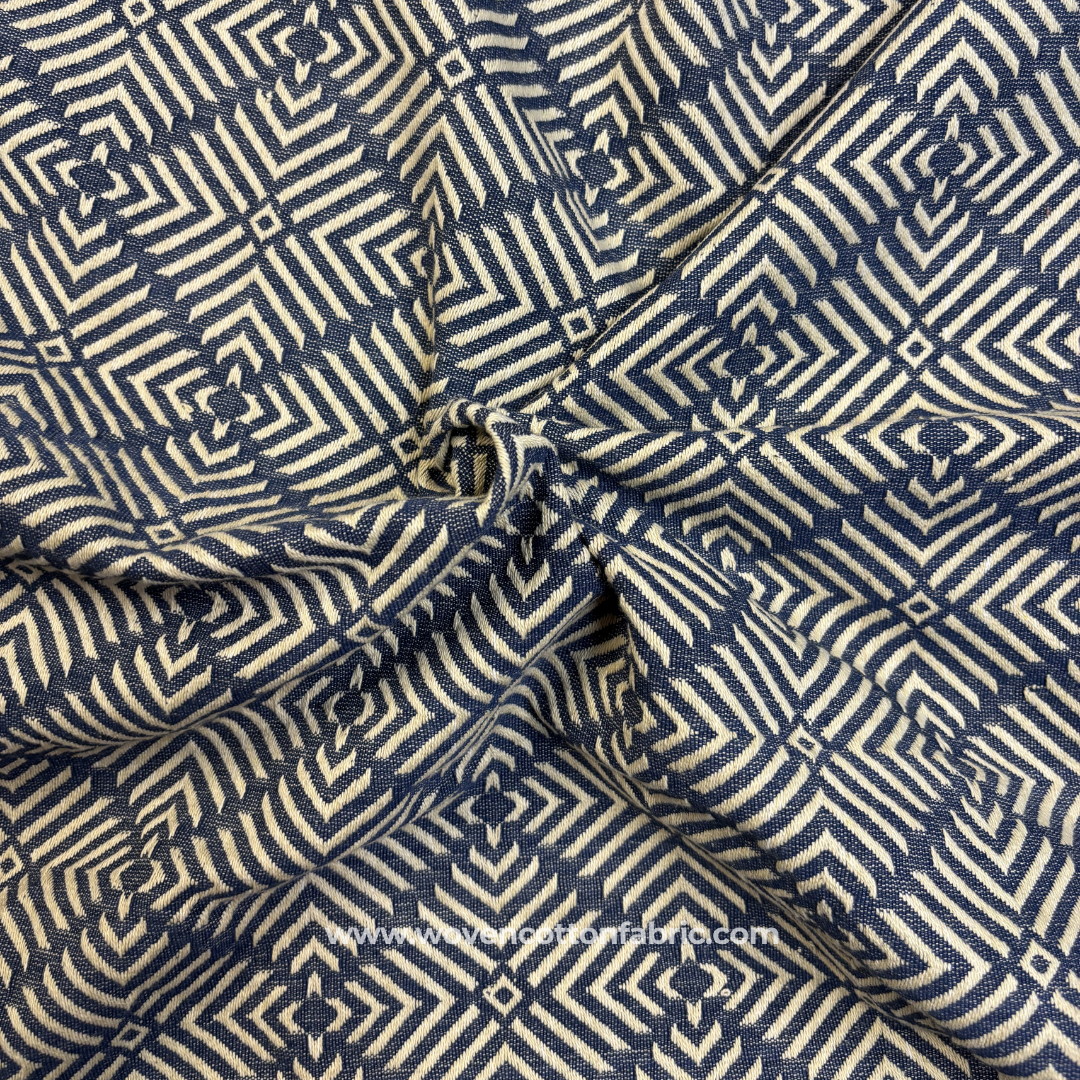 Classic Indigo Blue and White Architectural Geometric Maze Jacquard Cotton Handloom Fabric, Per Meter