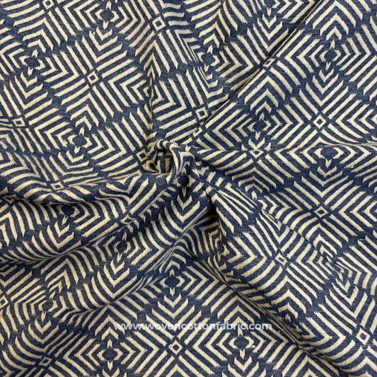 Classic Indigo Blue and White Architectural Geometric Maze Jacquard Cotton Handloom Fabric, Per Meter