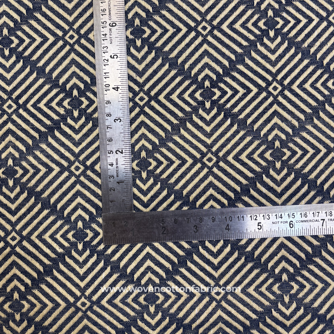 Classic Indigo Blue and White Architectural Geometric Maze Jacquard Cotton Handloom Fabric, Per Meter