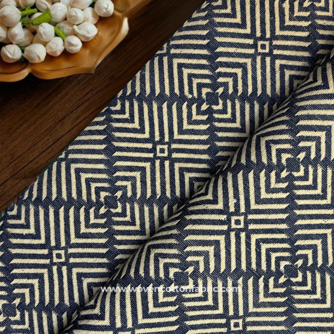 Classic Indigo Blue and White Architectural Geometric Maze Jacquard Cotton Handloom Fabric, Per Meter