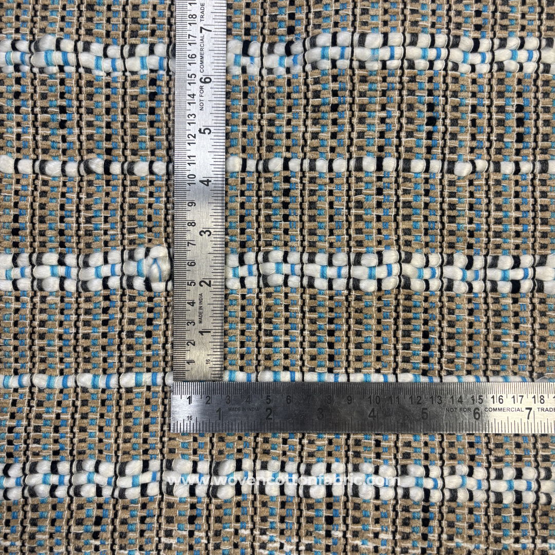 Turquoise Blue and Beige Textured Slub Stripe Cotton Handloom Fabric, Per Meter