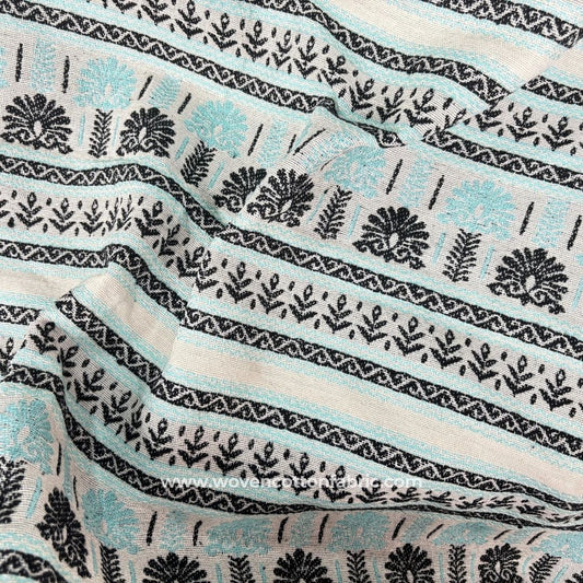 Meadow Imprint Blue Cotton  Jacquard Fabric, Per Meter