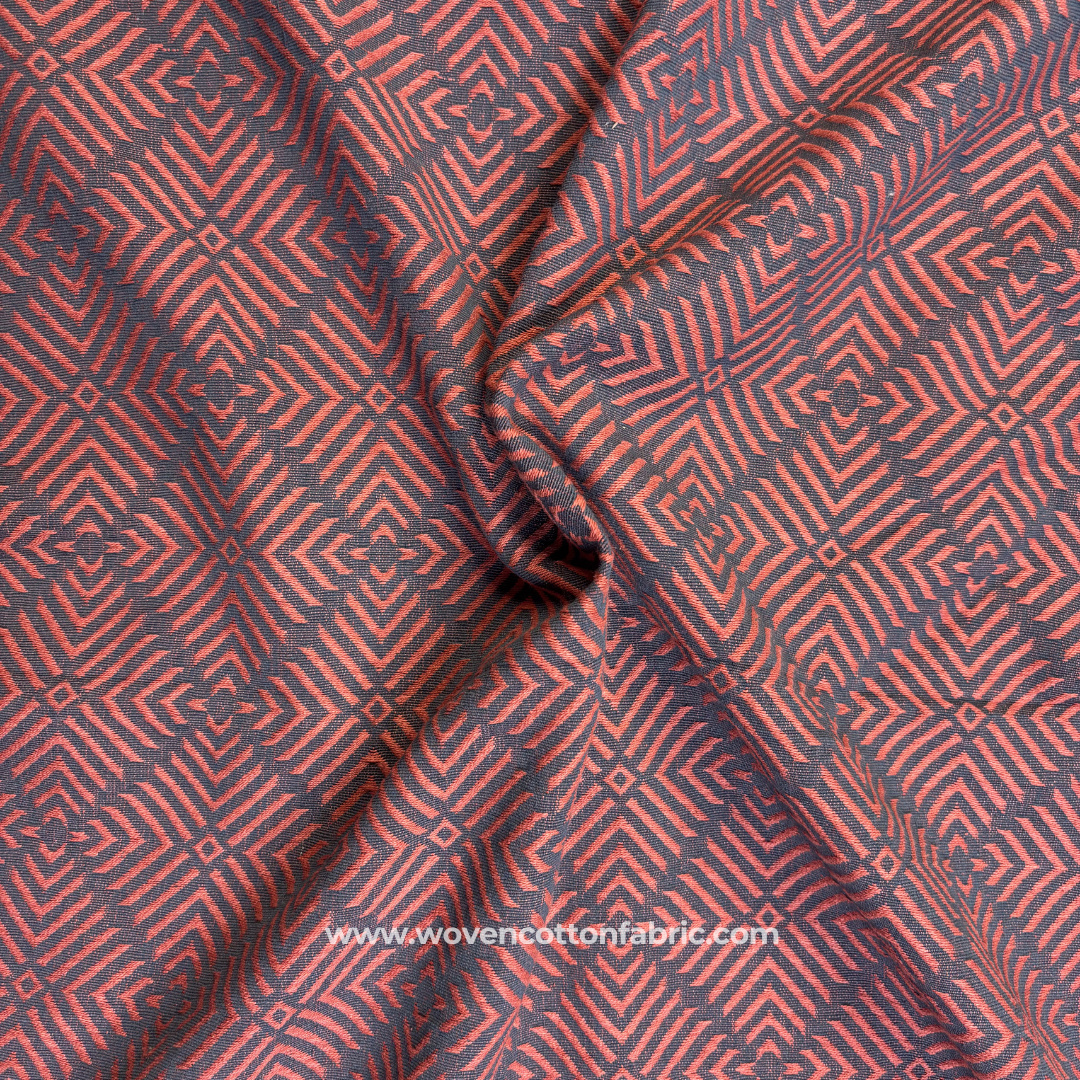 Terracotta Rust and Charcoal Grey Architectural Geometric Phulkari Jacquard Cotton Handloom Fabric, Per Meter
