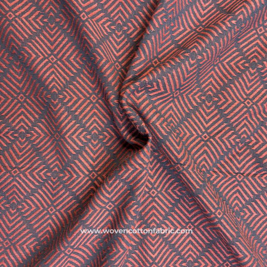 Terracotta Rust and Charcoal Grey Architectural Geometric Phulkari Jacquard Cotton Handloom Fabric, Per Meter