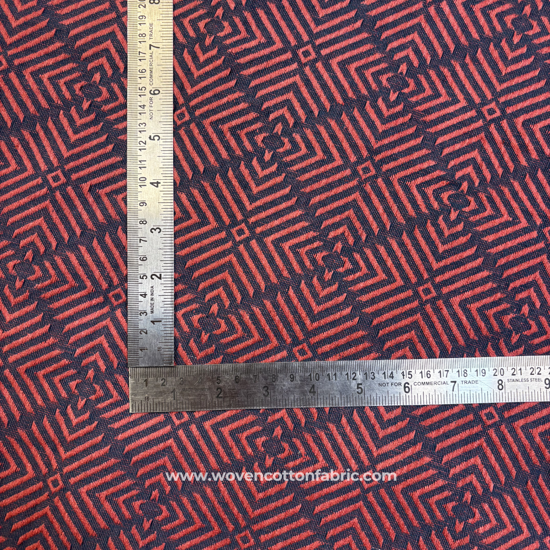Terracotta Rust and Charcoal Grey Architectural Geometric Phulkari Jacquard Cotton Handloom Fabric, Per Meter