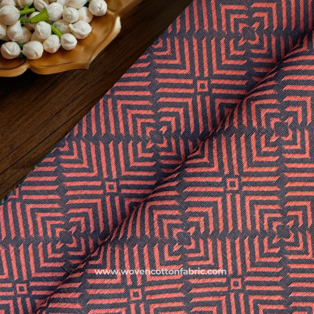 Terracotta Rust and Charcoal Grey Architectural Geometric Phulkari Jacquard Cotton Handloom Fabric, Per Meter