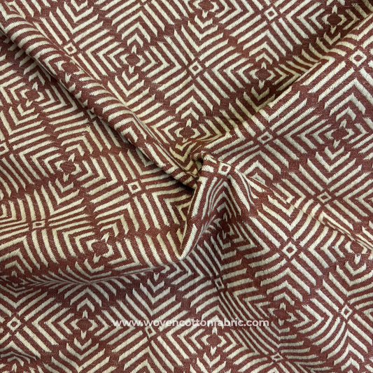 Earthy Copper Brown and Off-White Architectural Geometric Maze Jacquard Cotton Handloom Fabric, Per Meter