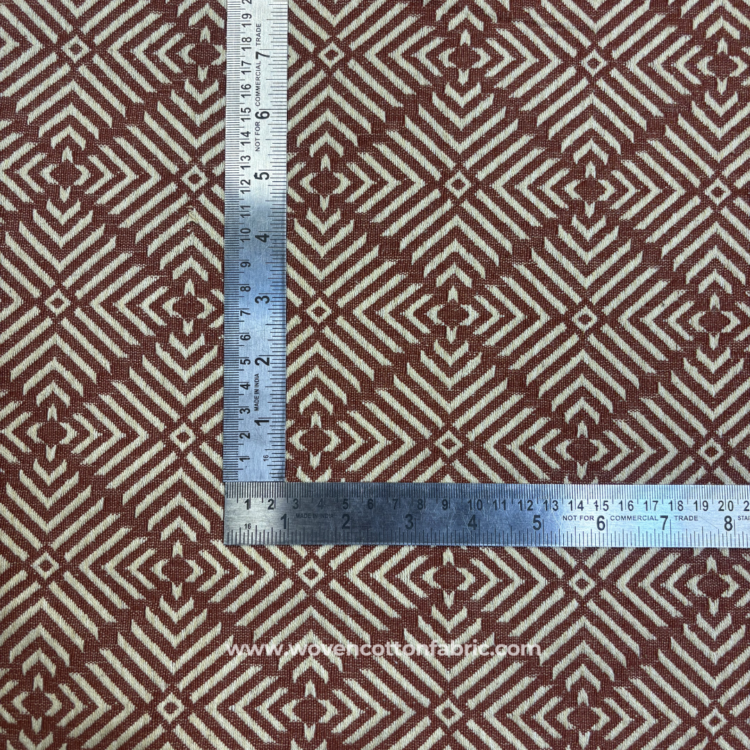 Earthy Copper Brown and Off-White Architectural Geometric Maze Jacquard Cotton Handloom Fabric, Per Meter
