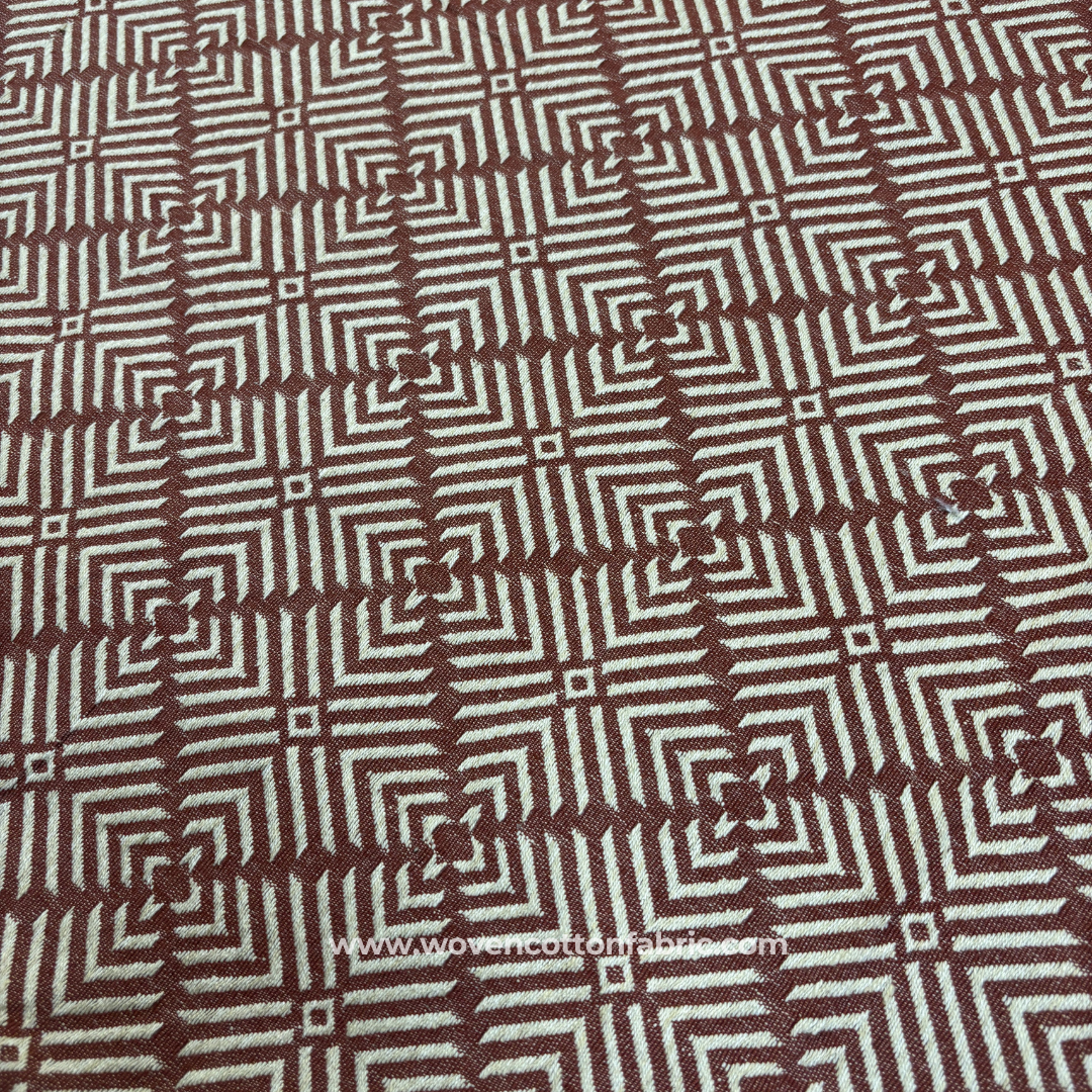 Earthy Copper Brown and Off-White Architectural Geometric Maze Jacquard Cotton Handloom Fabric, Per Meter