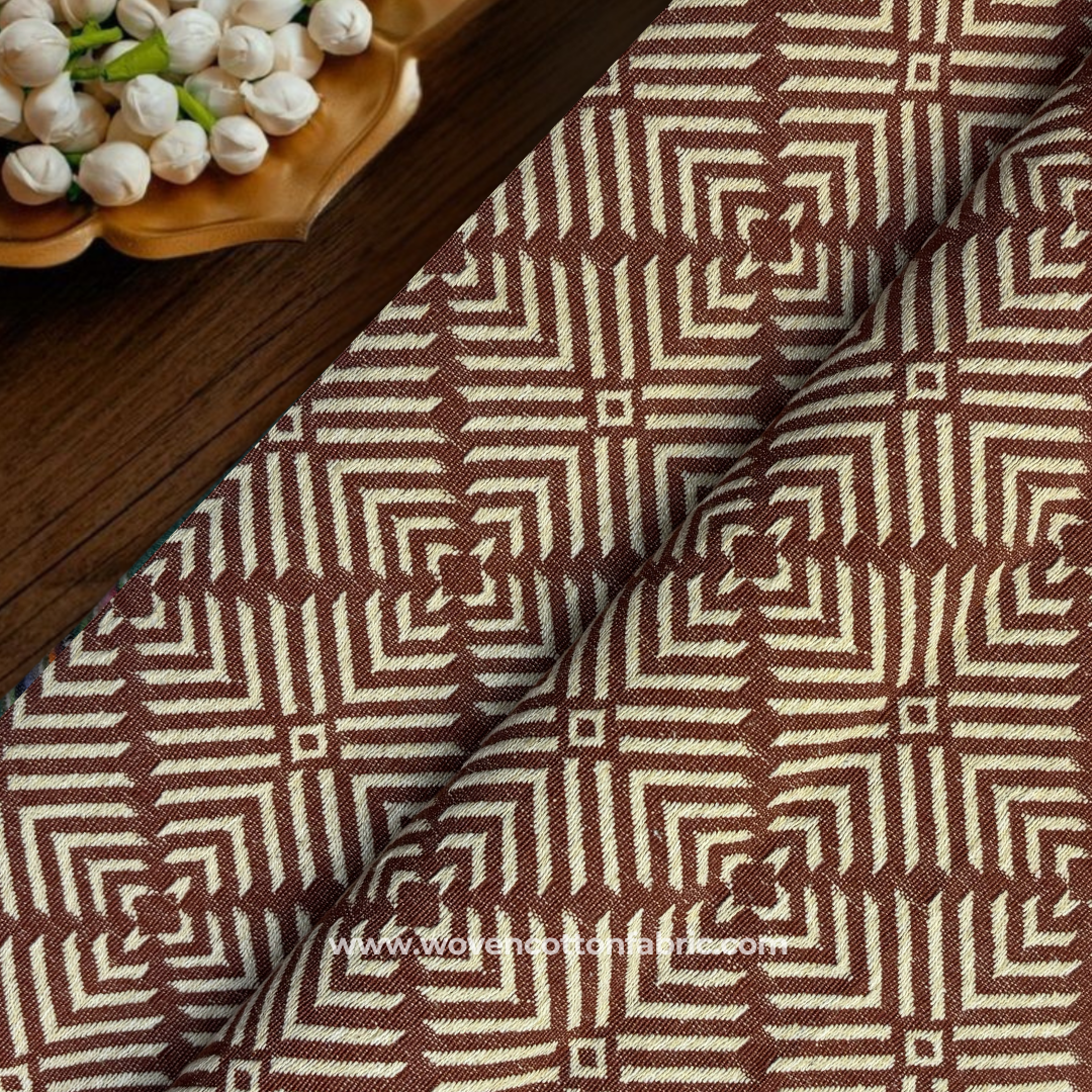 Earthy Copper Brown and Off-White Architectural Geometric Maze Jacquard Cotton Handloom Fabric, Per Meter