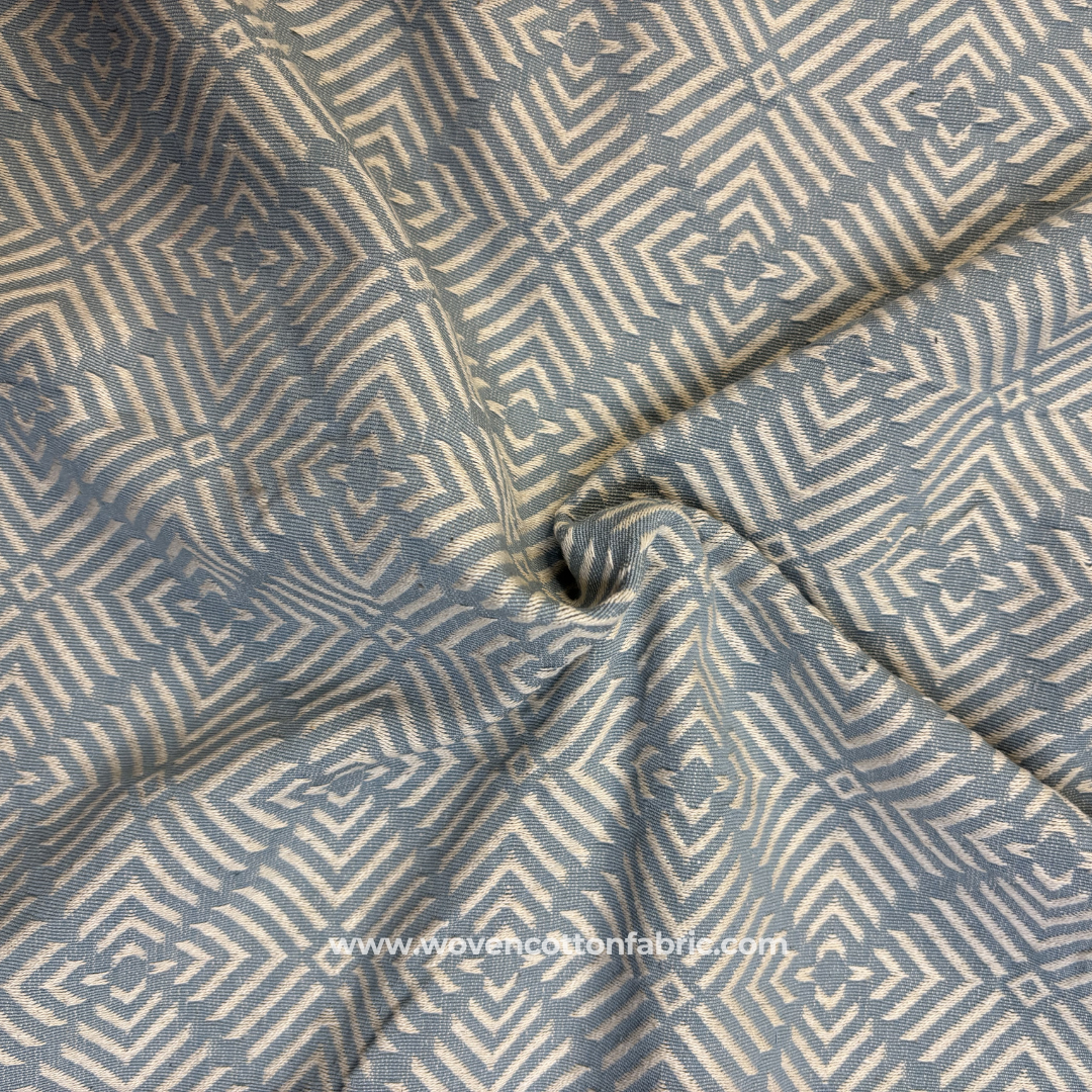 Soft Powder Blue and Off-White Architectural Geometric Maze Jacquard Cotton Handloom Fabric, Per Meter