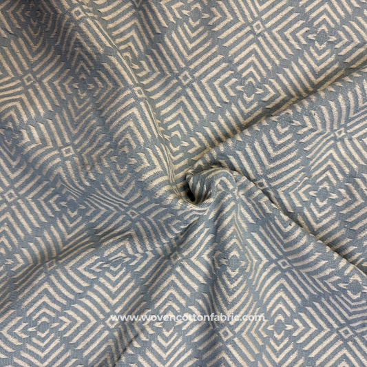 Soft Powder Blue and Off-White Architectural Geometric Maze Jacquard Cotton Handloom Fabric, Per Meter