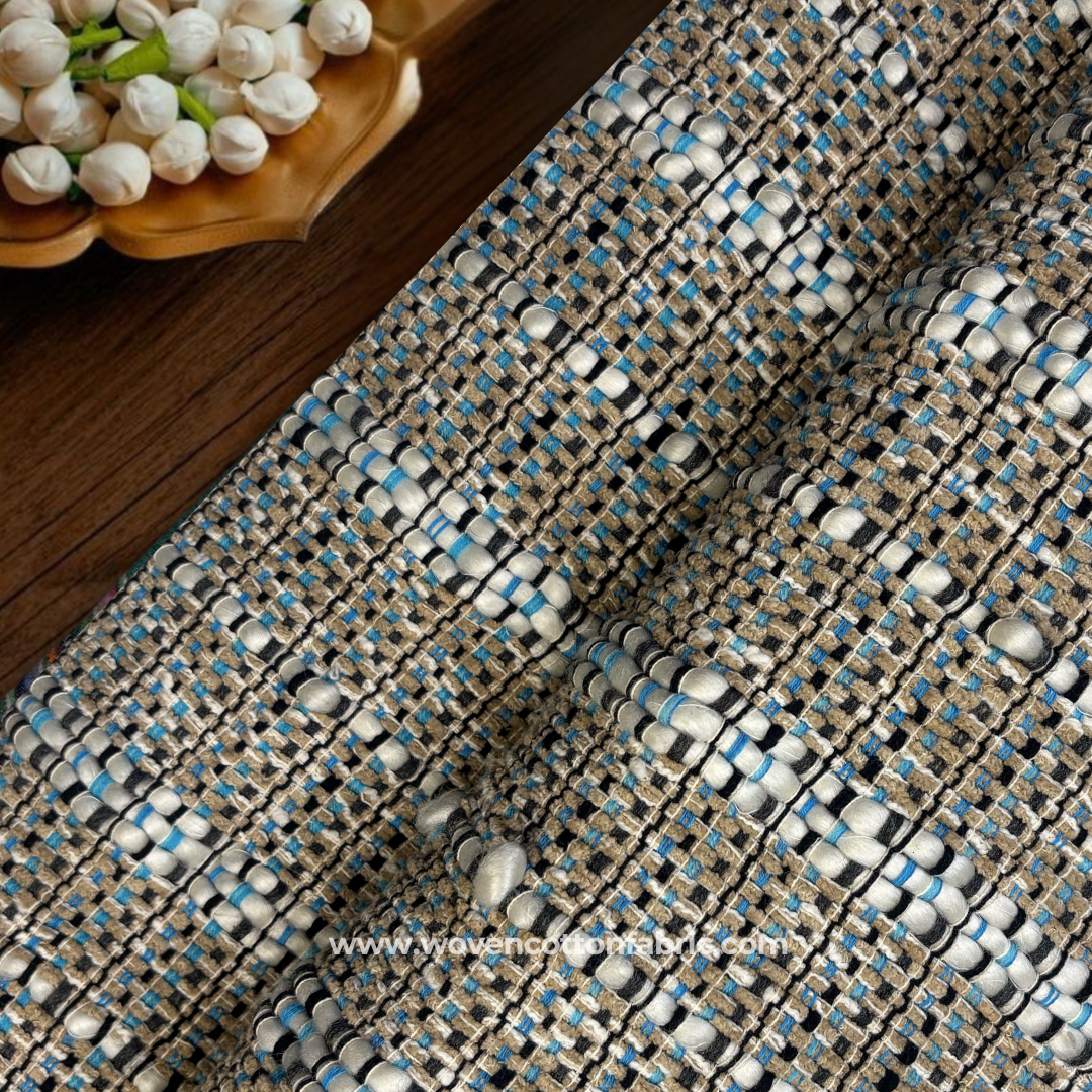 Turquoise Blue and Beige Textured Slub Stripe Cotton Handloom Fabric, Per Meter