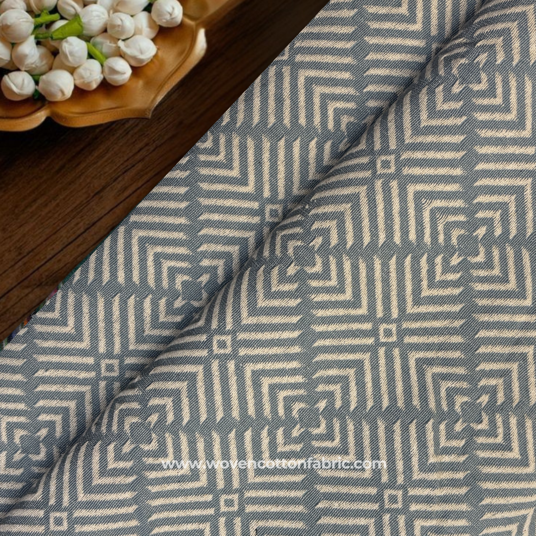 Soft Powder Blue and Off-White Architectural Geometric Maze Jacquard Cotton Handloom Fabric, Per Meter