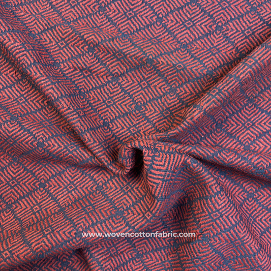 Terracotta Rust and Deep Indigo Blue Architectural Geometric Maze Jacquard Cotton Handloom Fabric, Per Meter