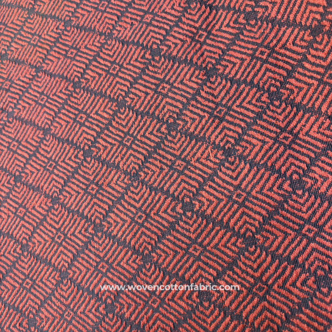Terracotta Rust and Deep Indigo Blue Architectural Geometric Maze Jacquard Cotton Handloom Fabric, Per Meter