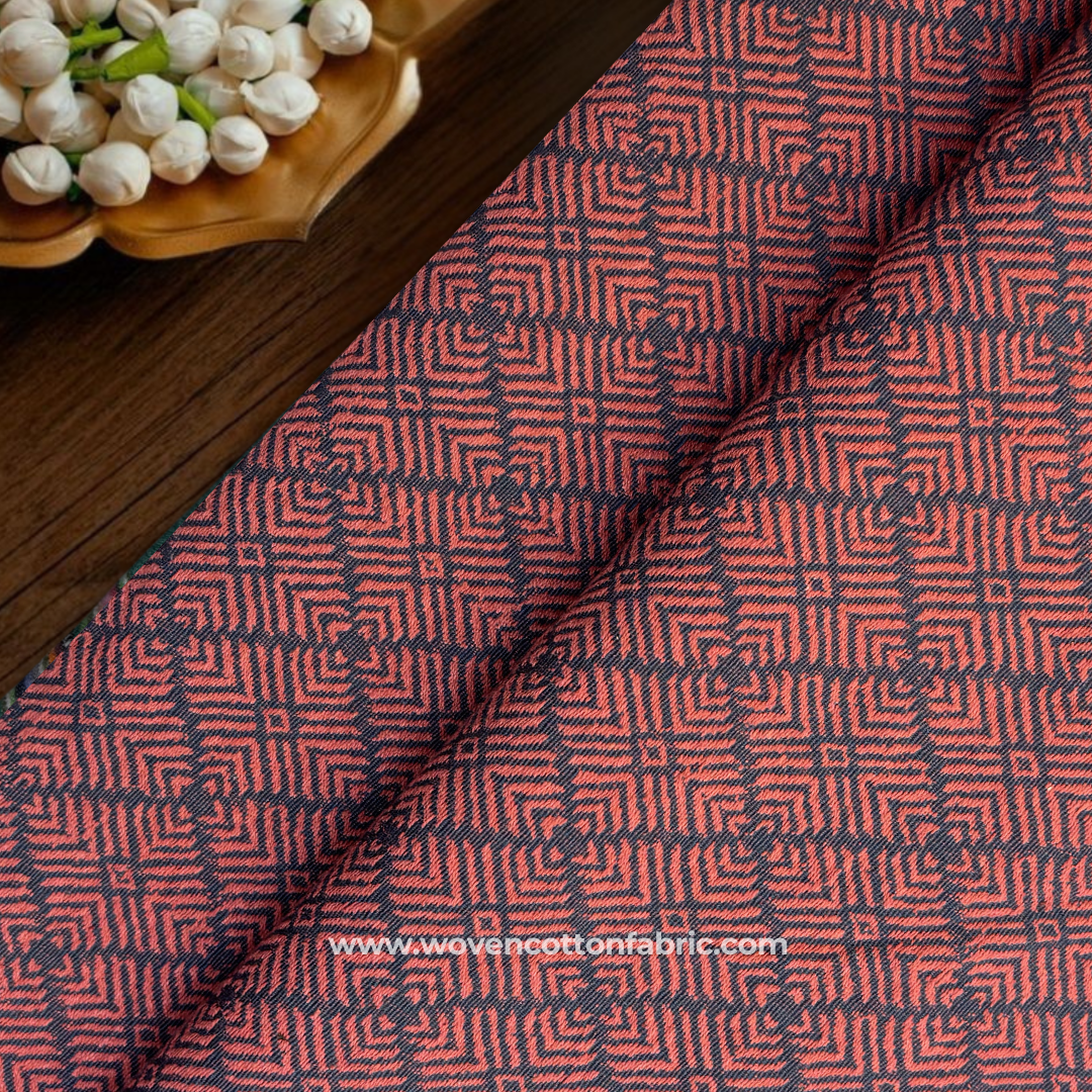 Terracotta Rust and Deep Indigo Blue Architectural Geometric Maze Jacquard Cotton Handloom Fabric, Per Meter