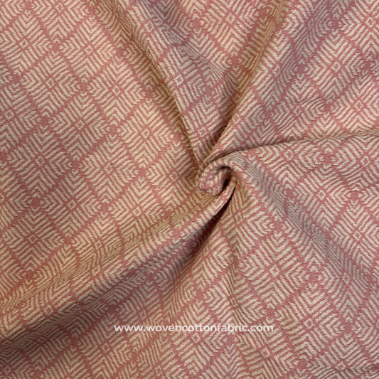 Soft Rose Pink and Off-White Architectural Geometric Maze Jacquard Cotton Handloom Fabric, Per Meter