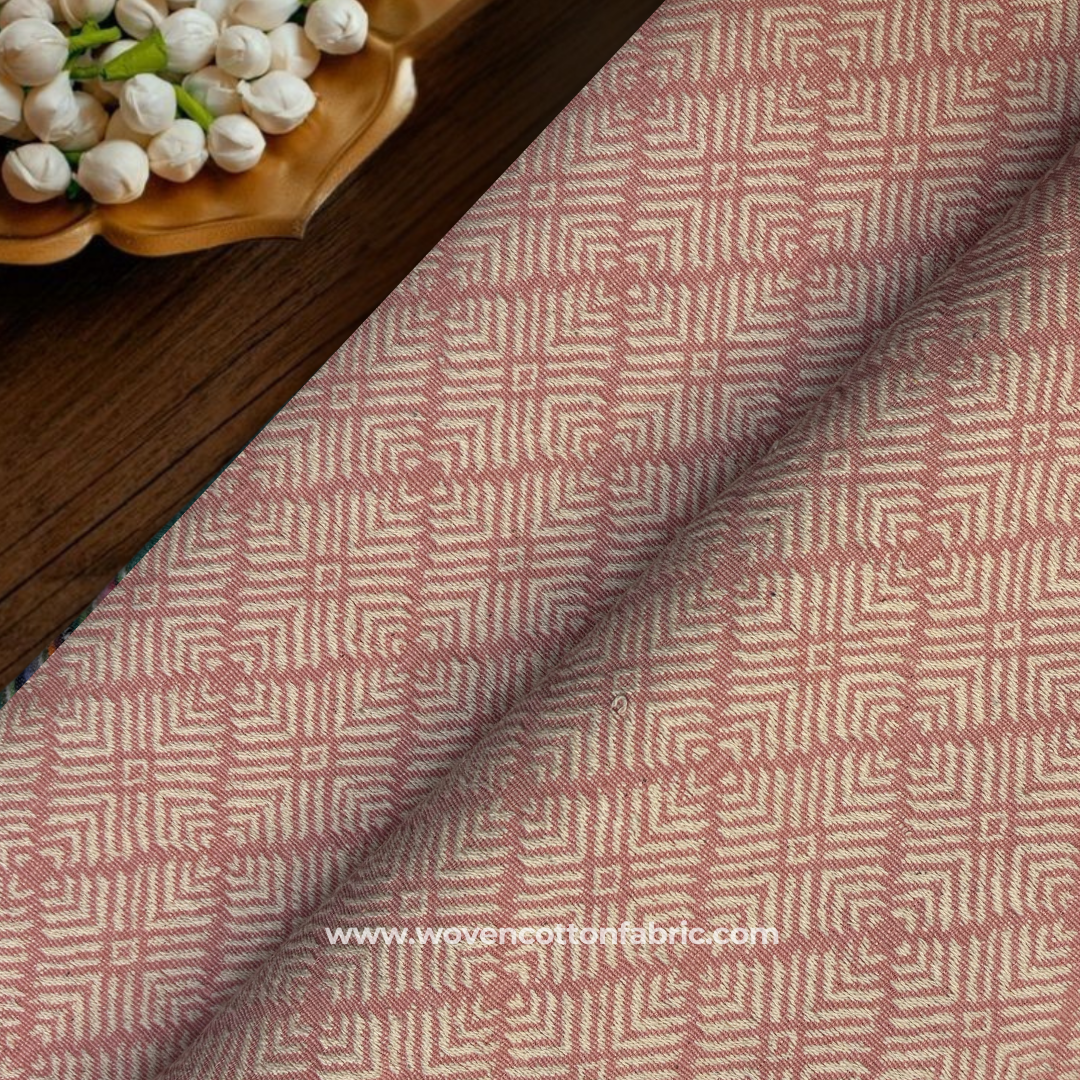 Soft Rose Pink and Off-White Architectural Geometric Maze Jacquard Cotton Handloom Fabric, Per Meter
