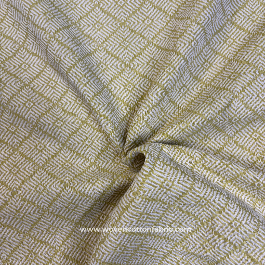 Vibrant Mustard Chartreuse and Off-White Architectural Geometric Maze Jacquard Cotton Handloom Fabric, Per Meter