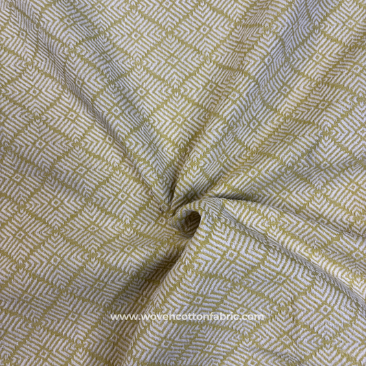 Vibrant Mustard Chartreuse and Off-White Architectural Geometric Maze Jacquard Cotton Handloom Fabric, Per Meter