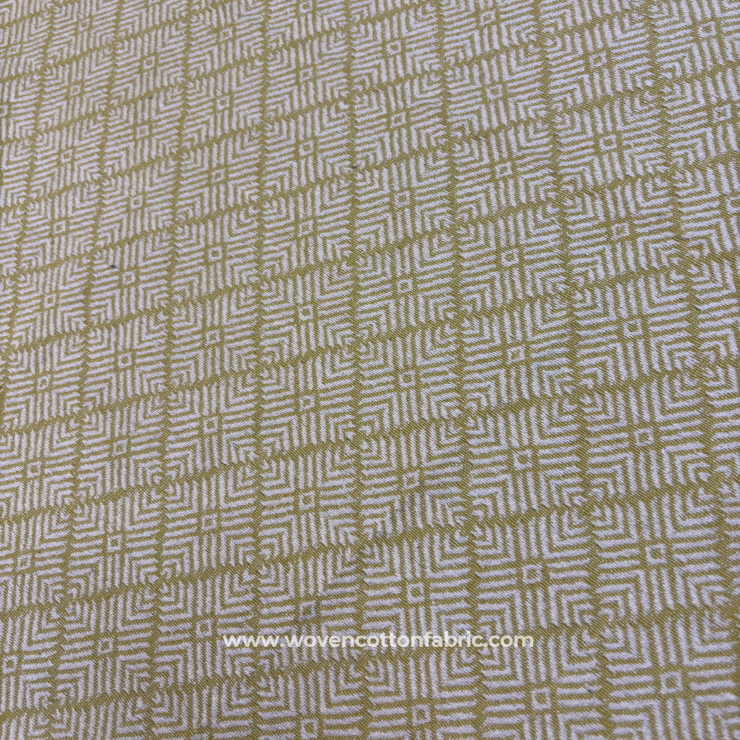 Vibrant Mustard Chartreuse and Off-White Architectural Geometric Maze Jacquard Cotton Handloom Fabric, Per Meter