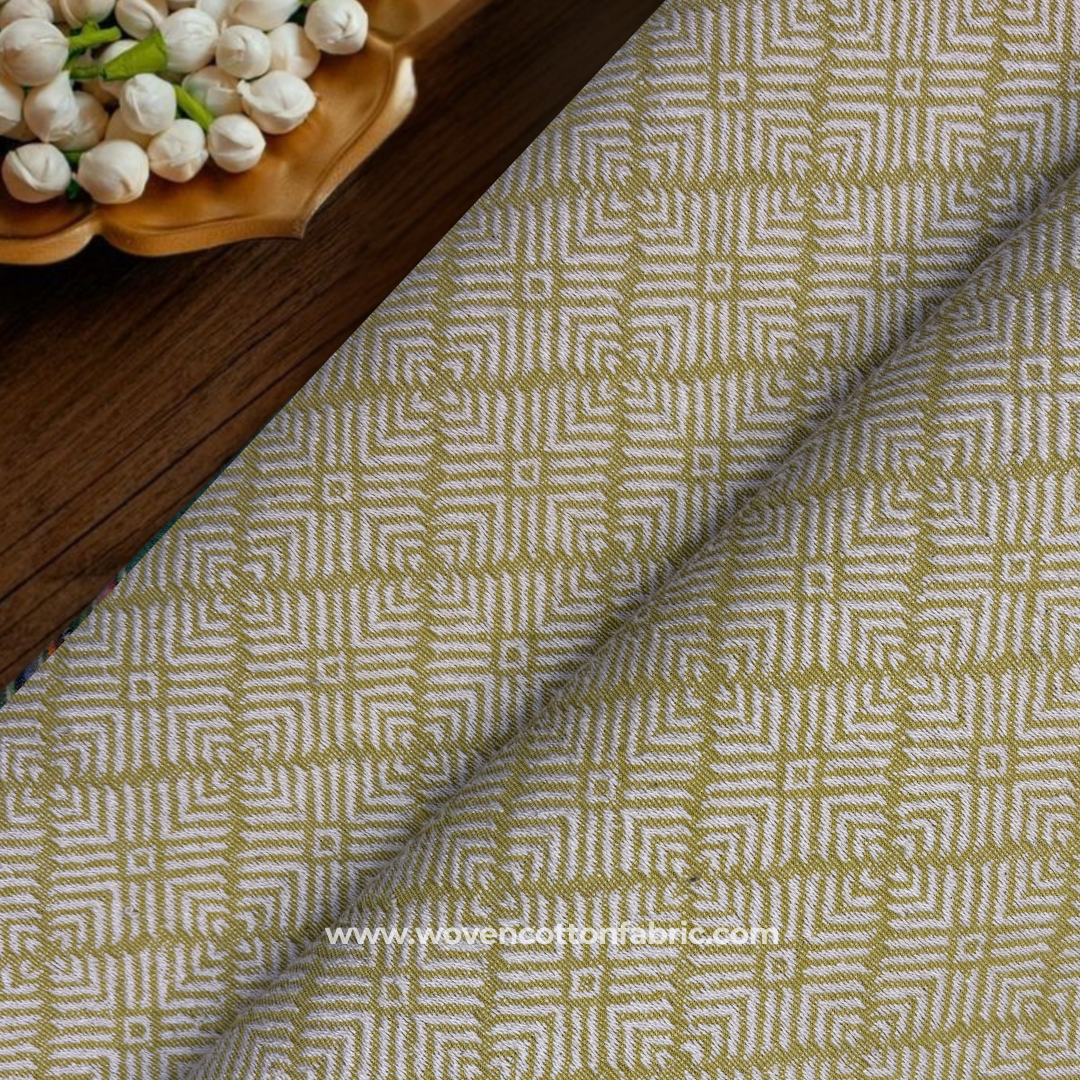 Vibrant Mustard Chartreuse and Off-White Architectural Geometric Maze Jacquard Cotton Handloom Fabric, Per Meter