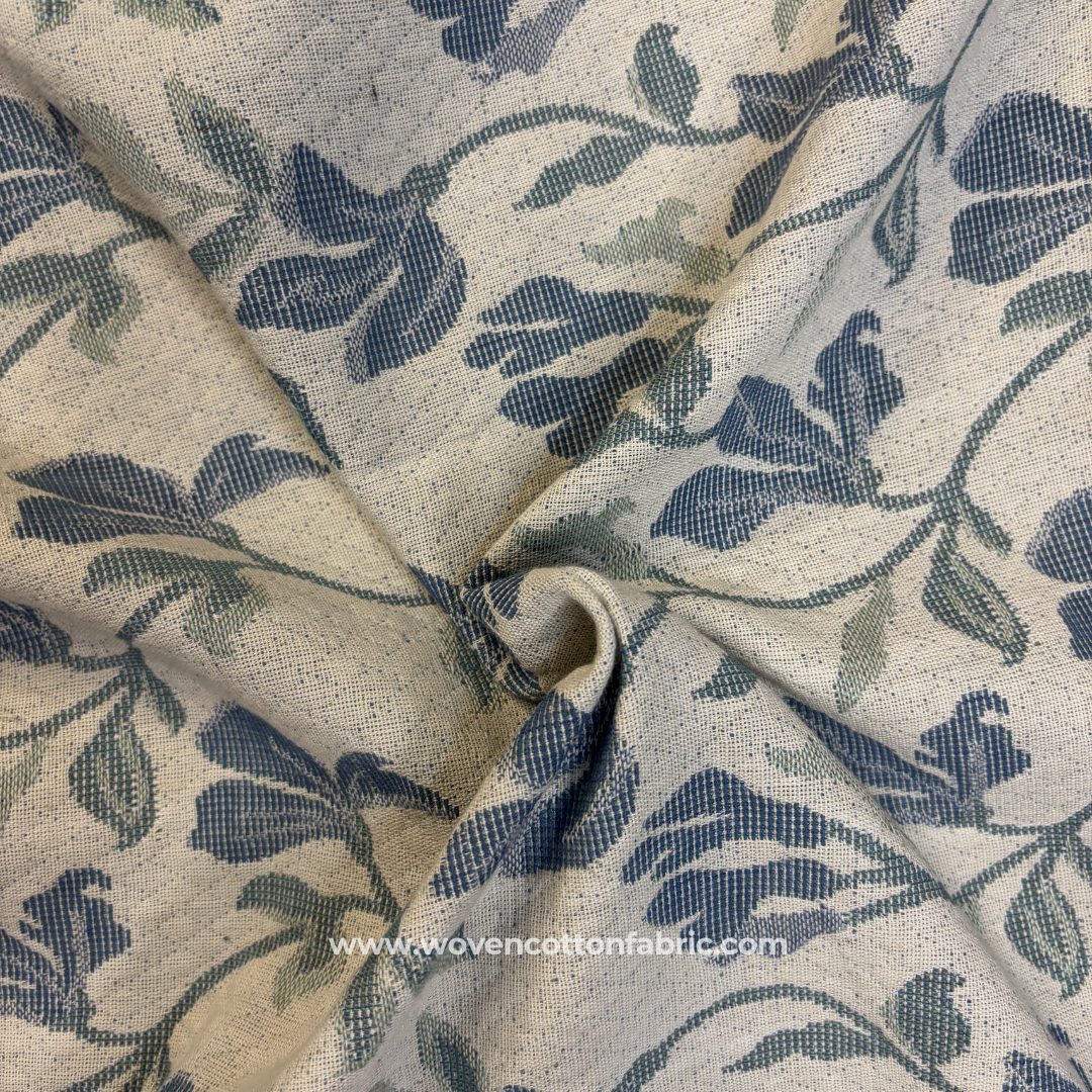 Vintage Indigo Blue and Sage Green Woven Floral Vine Jacquard Cotton Handloom Fabric, Per Meter