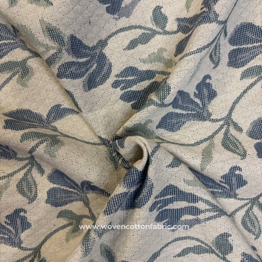 Vintage Indigo Blue and Sage Green Woven Floral Vine Jacquard Cotton Handloom Fabric, Per Meter