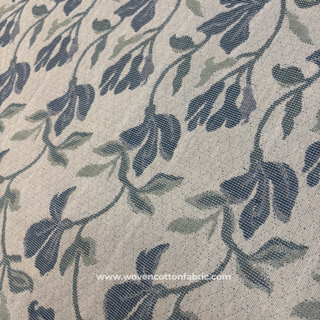 Vintage Indigo Blue and Sage Green Woven Floral Vine Jacquard Cotton Handloom Fabric, Per Meter