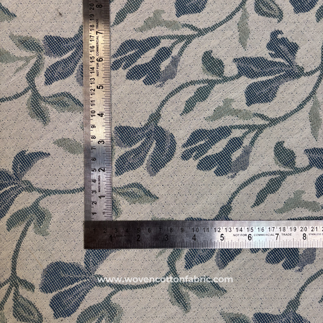 Vintage Indigo Blue and Sage Green Woven Floral Vine Jacquard Cotton Handloom Fabric, Per Meter